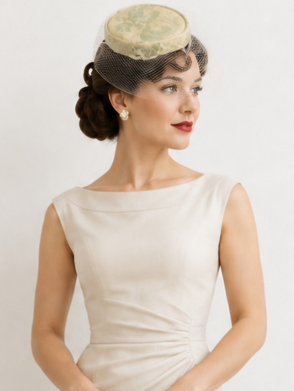 Vintage 1950s Pillbox Cocktail Hat Floral Brocade Green Gold Net Veil